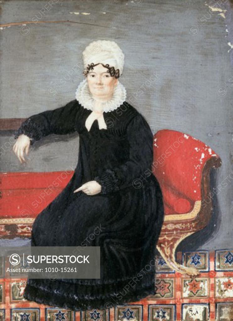 Stock Photo: 1010-15261 Portrait Of A Lady On Empire Sofa Early 19th Century Artist Unknown (American) Watercolor On Ivory