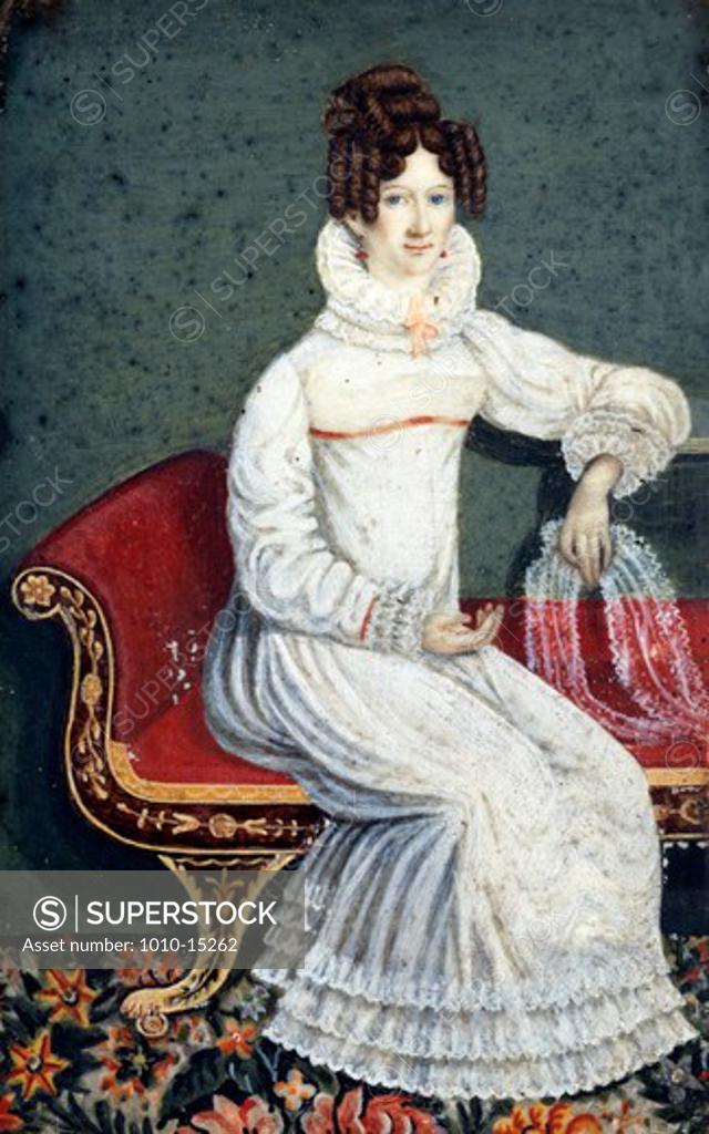Stock Photo: 1010-15262 Portrait of Young Woman on Empire Sofa by unknown American artist, watercolor on ivory, 19th century