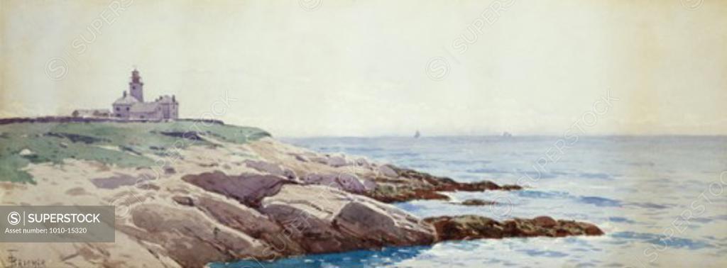 Stock Photo: 1010-15320 Coastal Landscape with Lighthouse Alfred Thompson Bricher (1837-1908 American) Watercolor 