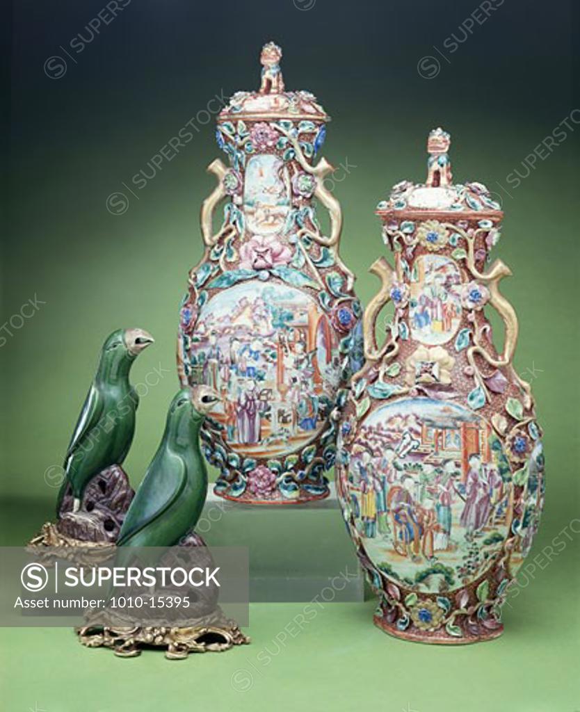 Stock Photo: 1010-15395 Famille Rose Porcelain Covered Vases & Green Glazed Figures of Falcons Chinese Art 