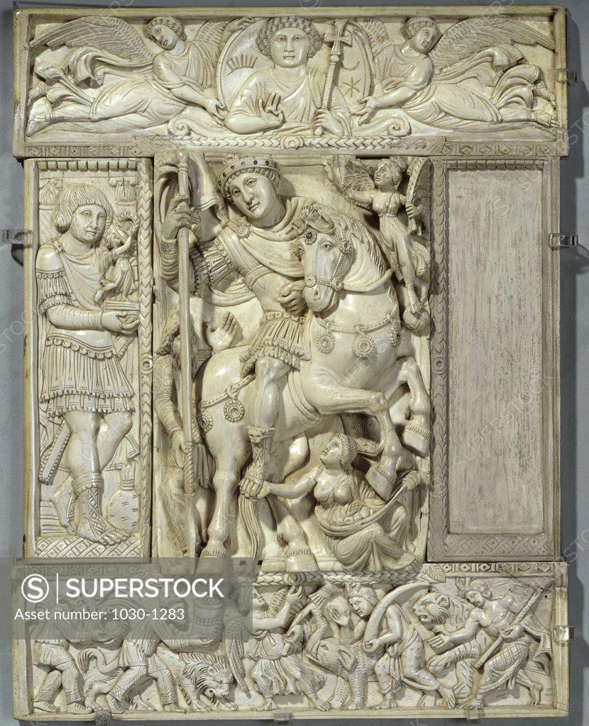 Stock Photo: 1030-1283 Feuillet en Cinq Paries ("Ivoire Barberini":  Empereur Triomphant) - Form in Five Parts Byzantine Art 330 AD-1435 Musee du Louvre, Paris, France