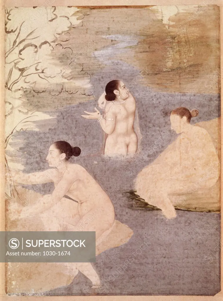 Three Bathers 1800's Indian Art Watercolor Musee Guimet, Paris, France