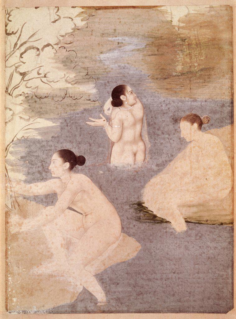 Three Bathers 1800's Indian Art Watercolor Musee Guimet, Paris, France