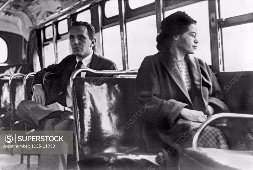 Montgomery, Alabama: 1956. Rosa Parks seated toward the front of the bus in Montgomery, Alabama.