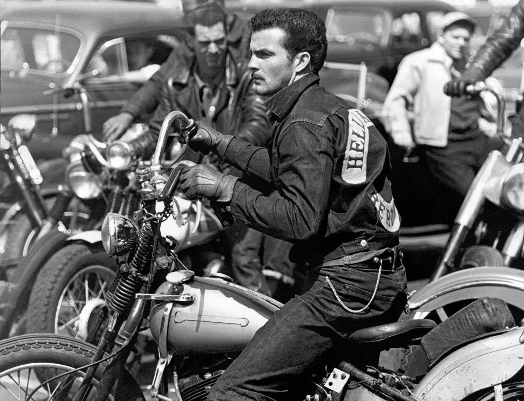 San Francisco, California:  c. 1954 A Hells Angel from San Bernadino on his motorcycle at a gathering in San Francisco.