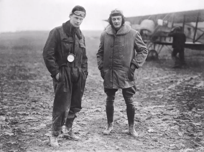 Europe:  April 13, 1918 Two American aviators somewhere in Europe during WWI.