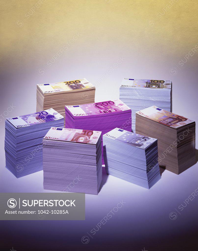 Stock Photo: 1042-10285A Stacks of euro banknotes
