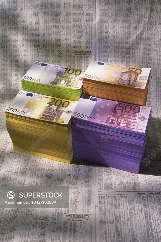 Stock Photo: 1042-10288A Stacks of euro banknotes