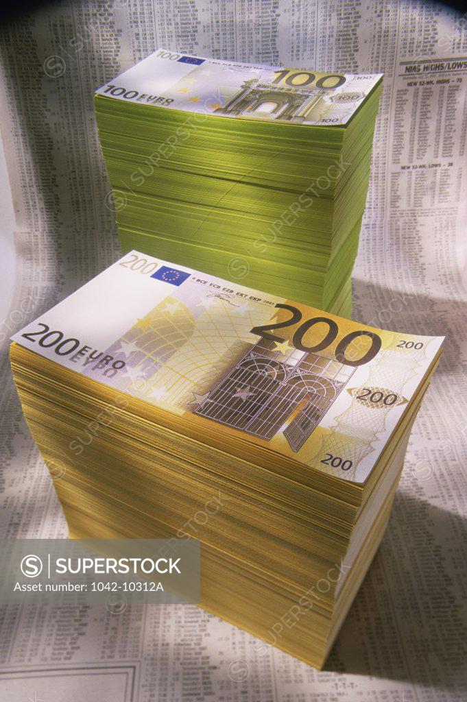 Stock Photo: 1042-10312A Stacks of euro banknotes
