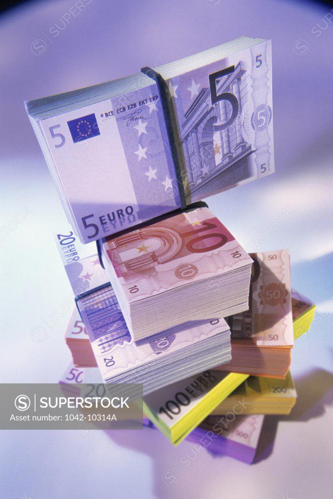 Stock Photo: 1042-10314A Stacks of euro banknotes