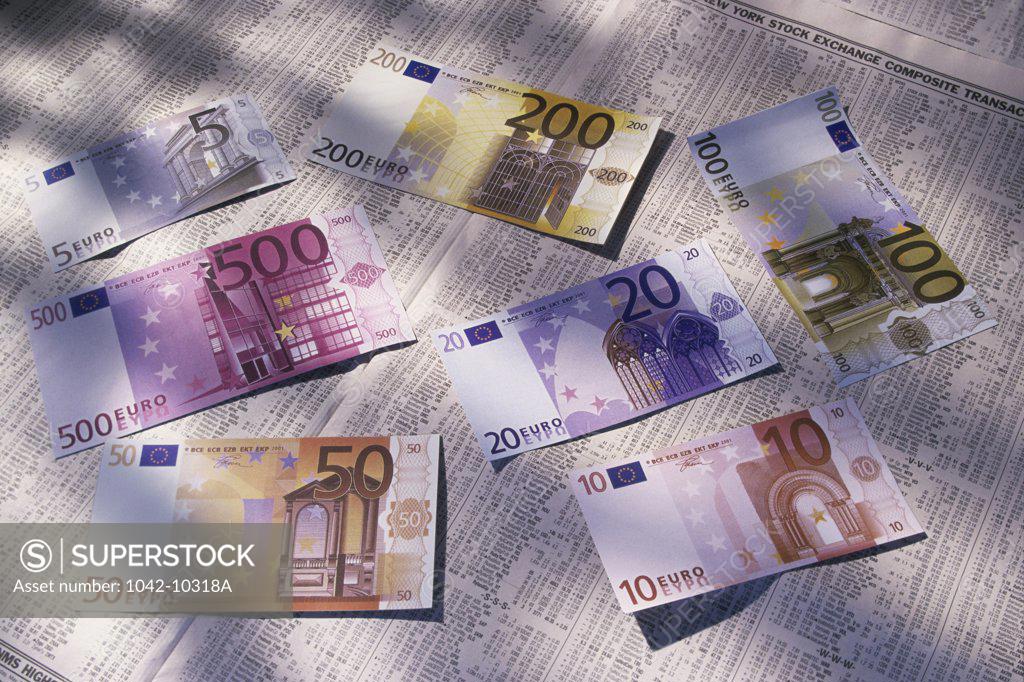 Stock Photo: 1042-10318A Close-up of euro banknotes