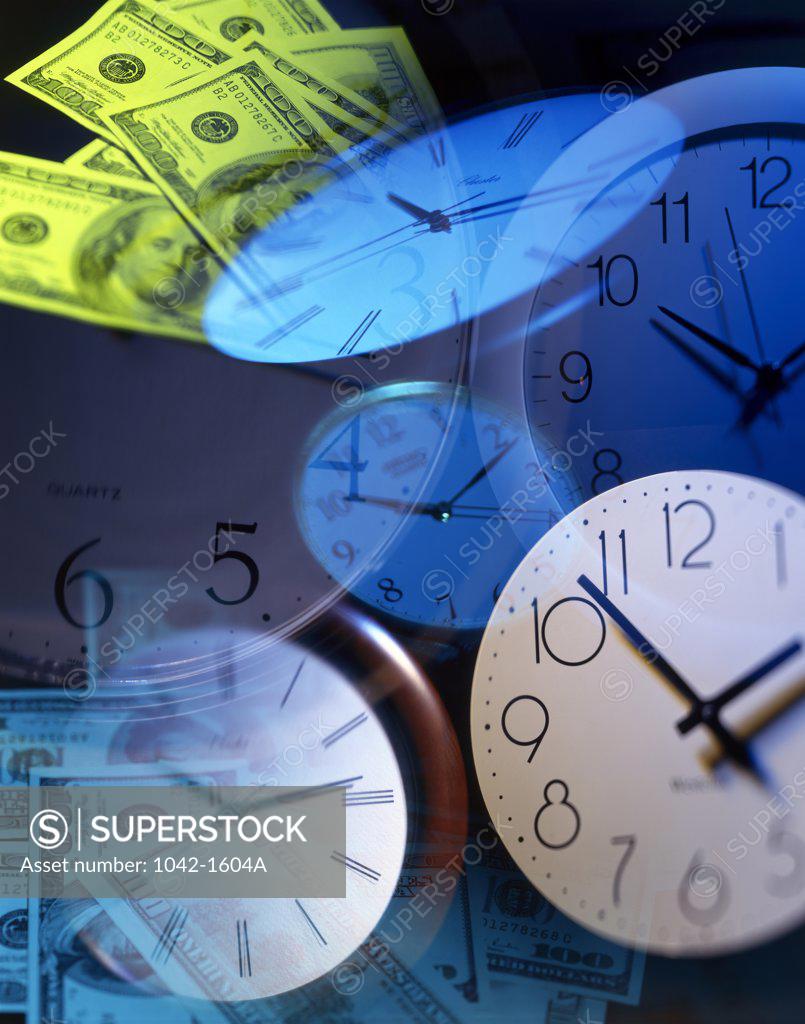 Stock Photo: 1042-1604A Clocks superimposed on US dollar bills