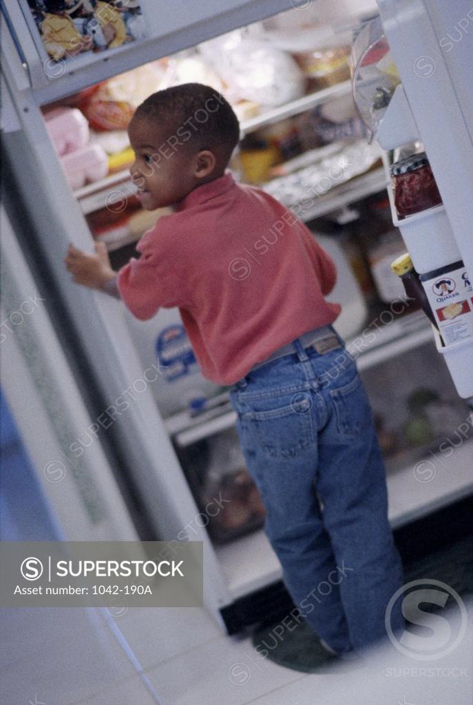 Stock Photo: 1042-190A Rear view of a boy standing in front of an open refrigerator
