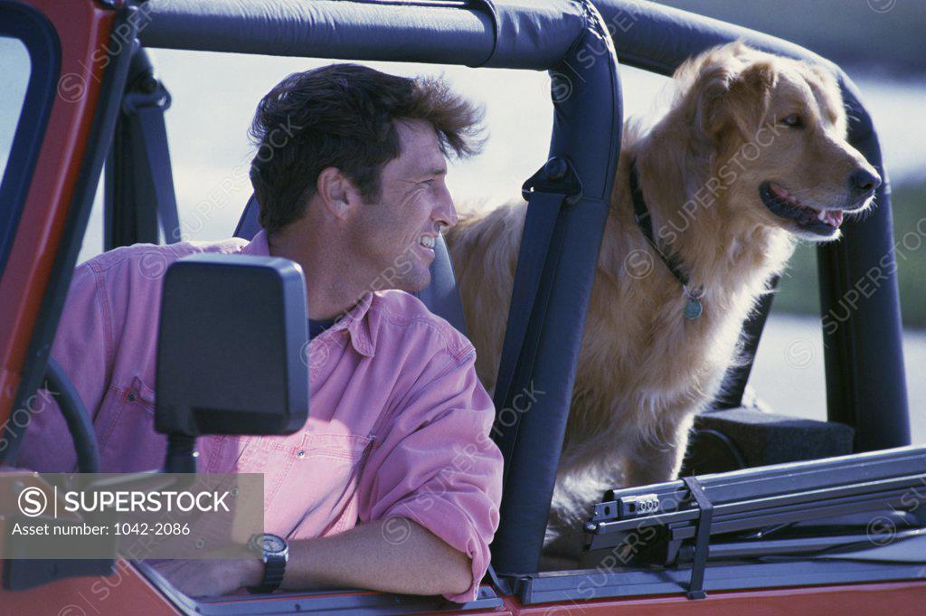 Stock Photo: 1042-2086 Mid adult man and his dog in a jeep