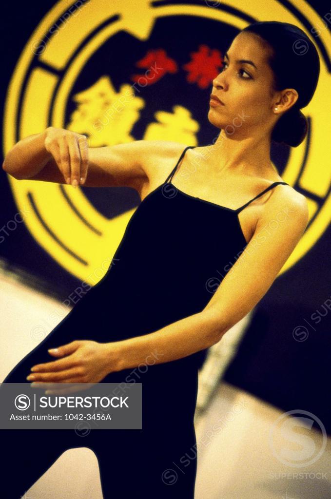 Stock Photo: 1042-3456A Young woman practicing Tai Chi