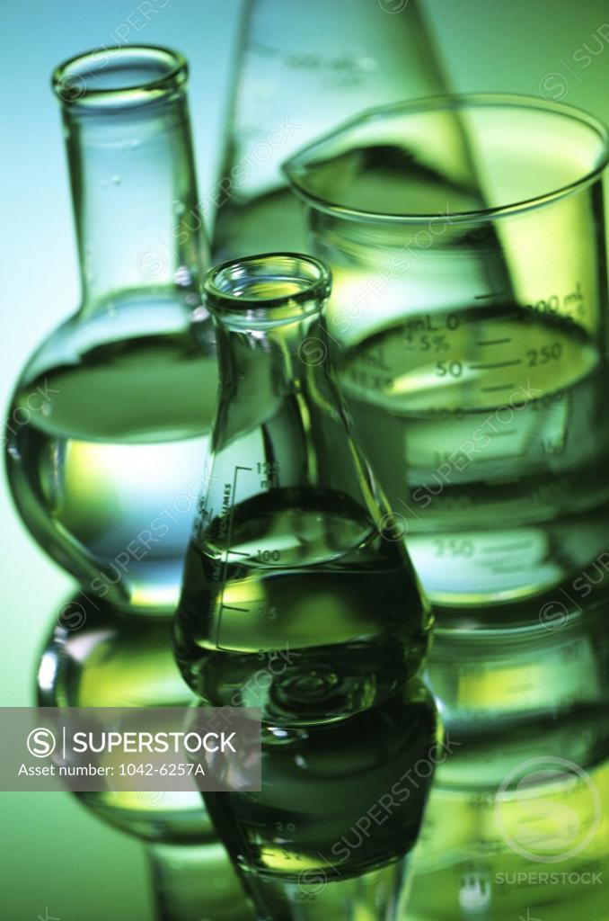 Stock Photo: 1042-6257A Close-up of chemicals in beakers in a laboratory