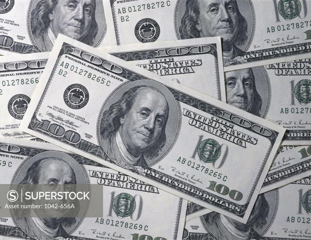 Stock Photo: 1042-656A Close-up of American hundred dollar bills