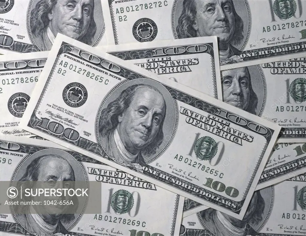Close-up of American hundred dollar bills