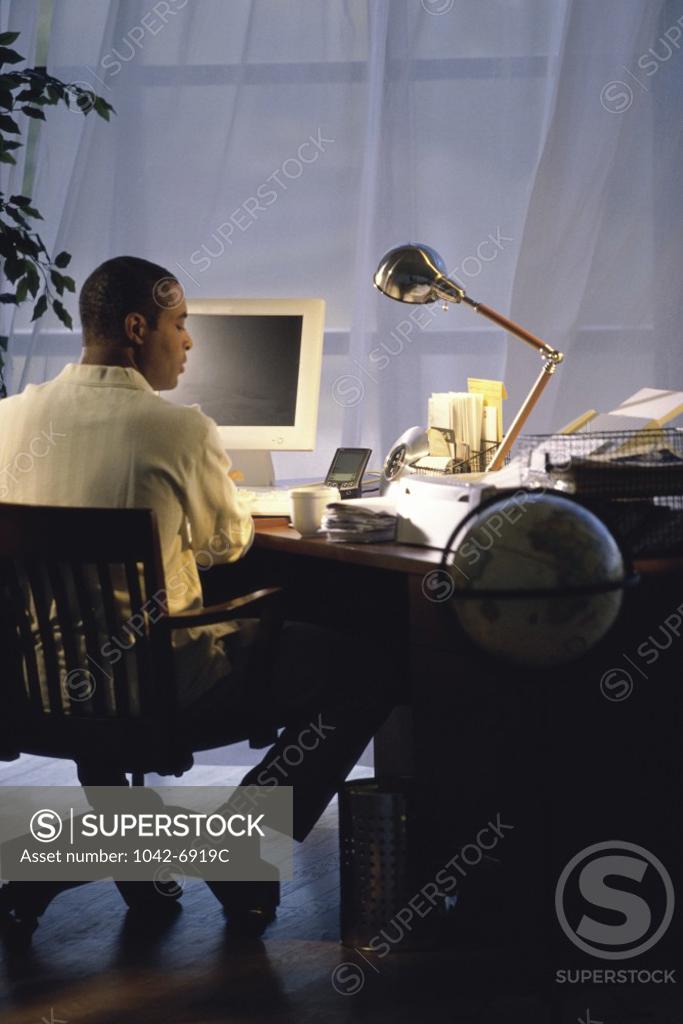 Stock Photo: 1042-6919C Rear view of a young man using a computer