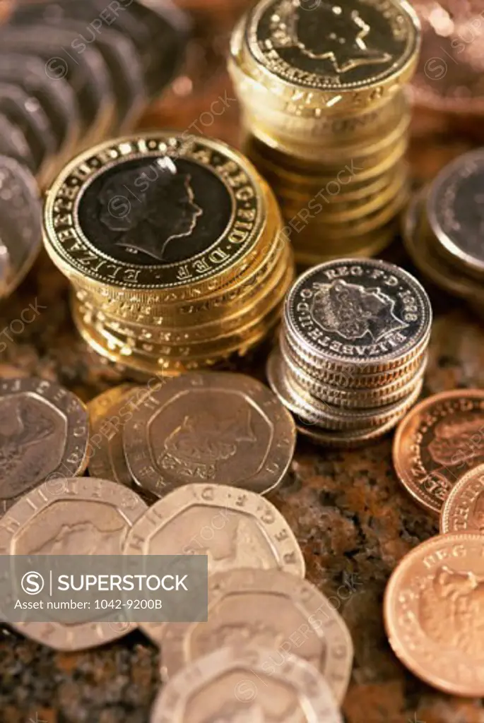 Close-up of assorted sterling pounds