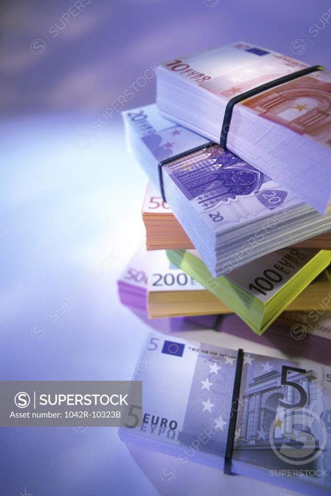 Stock Photo: 1042R-10323B Stacks of euro banknotes