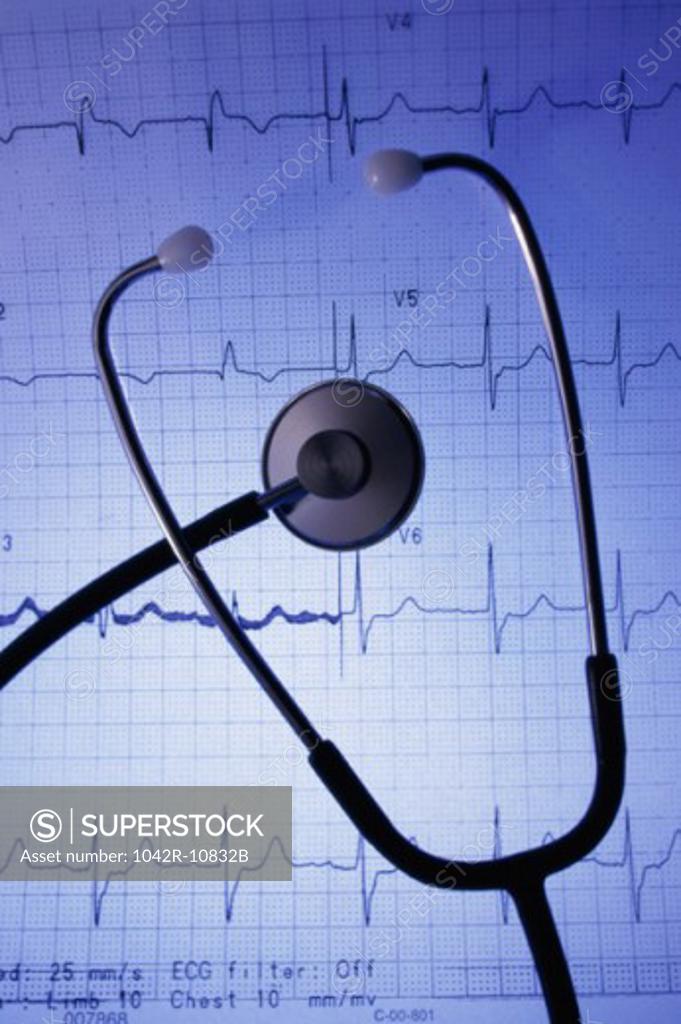 Stock Photo: 1042R-10832B Close-up of a stethoscope on an ECG