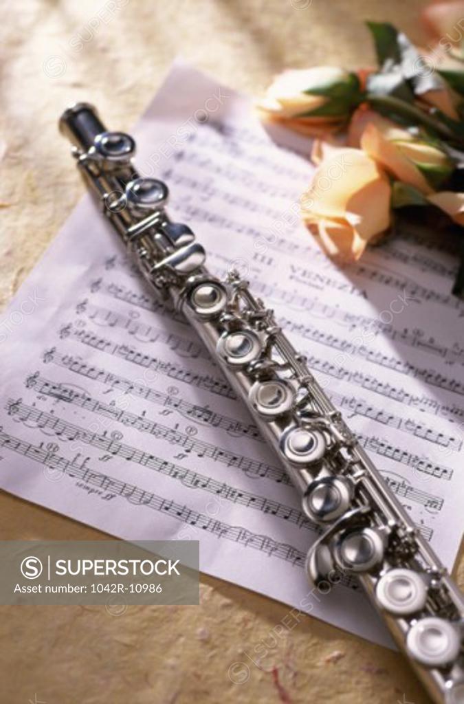 Stock Photo: 1042R-10986 Close-up of a flute on music sheets near roses