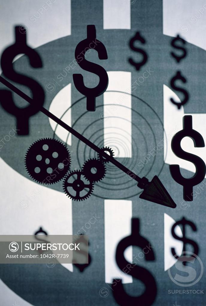 Stock Photo: 1042R-7739 Dollar signs with gears and arrow
