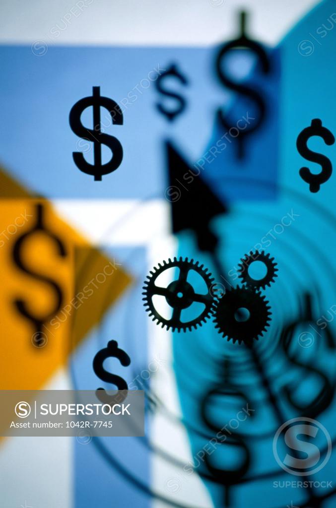 Stock Photo: 1042R-7745 Dollar signs with gears and arrow