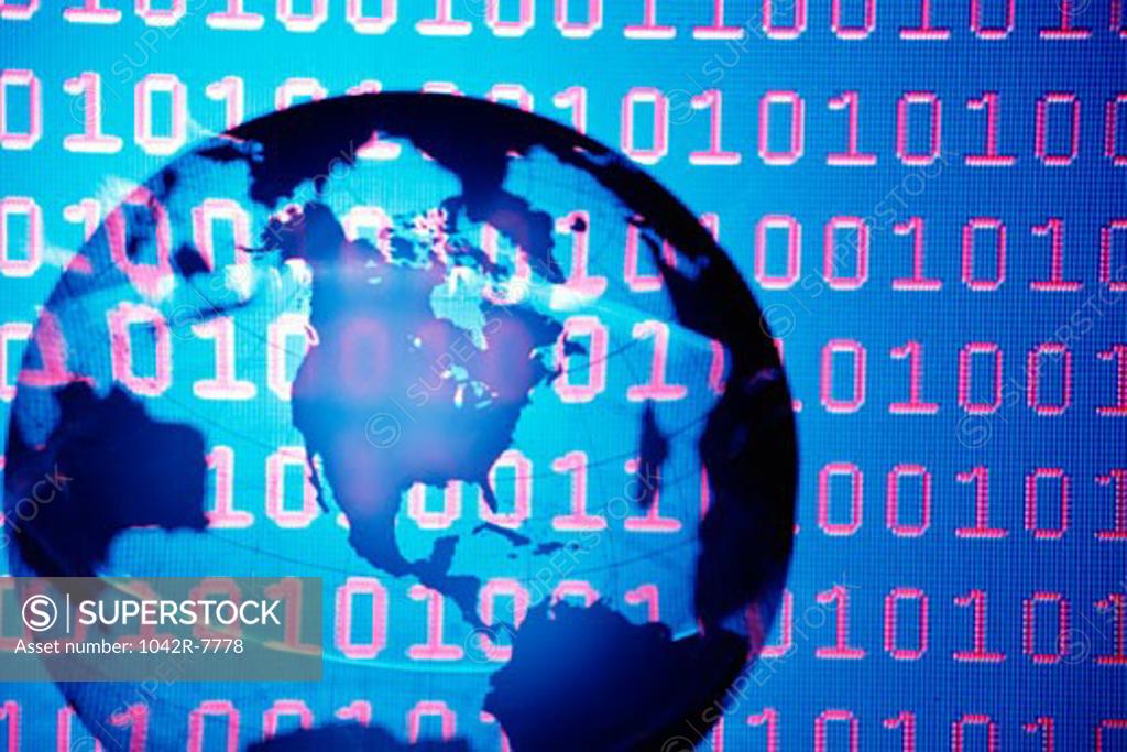 Stock Photo: 1042R-7778 Close-up of a globe superimposed over binary code