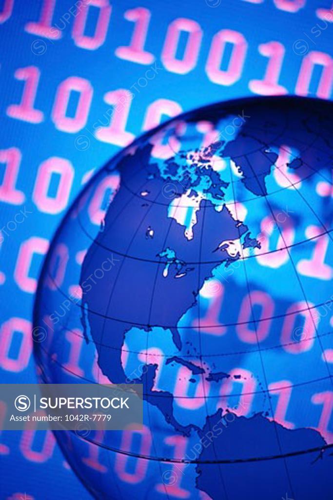 Stock Photo: 1042R-7779 Close-up of a globe superimposed over binary code