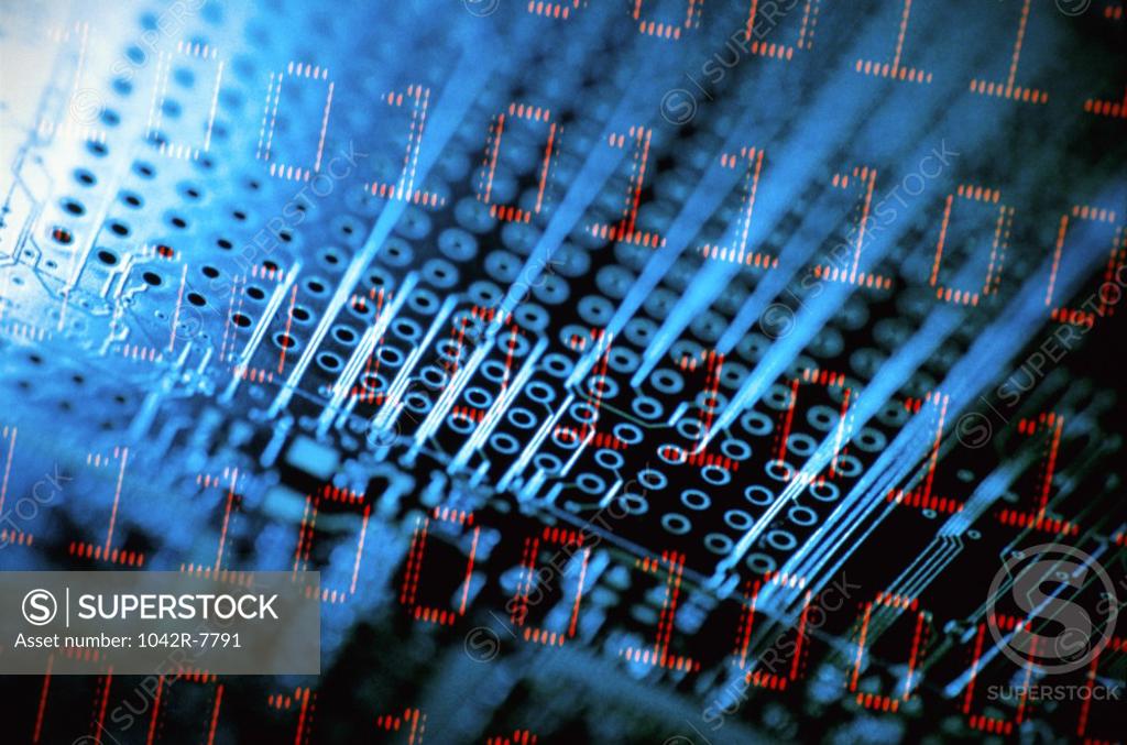 Stock Photo: 1042R-7791 Binary code superimposed over a circuit board