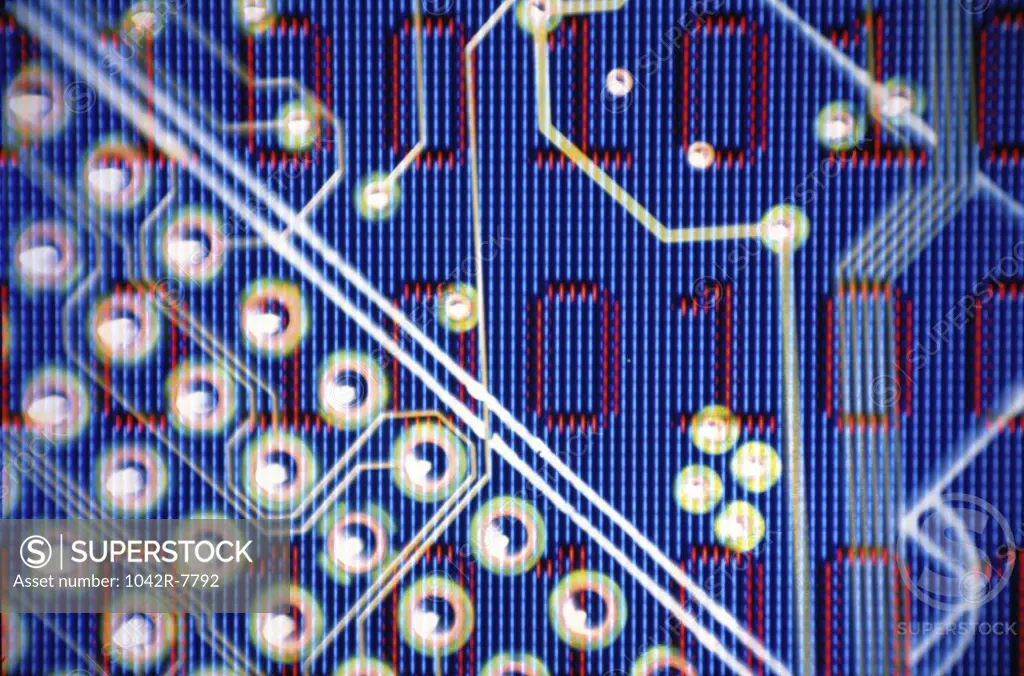 Binary code superimposed over a circuit board
