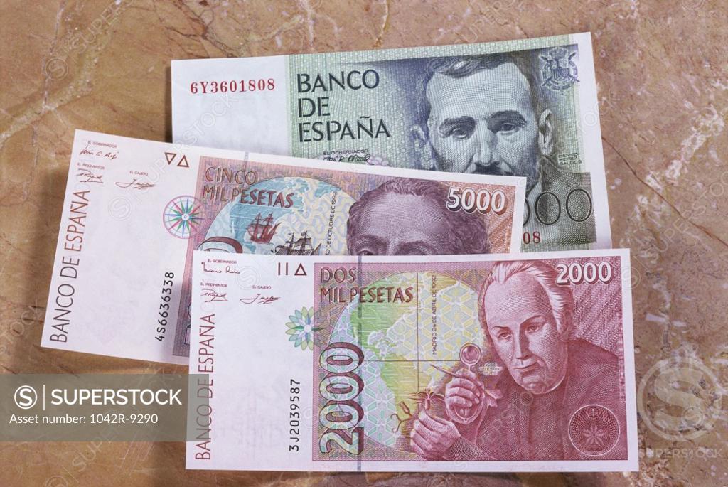 Stock Photo: 1042R-9290 Close-up of Spanish peseta banknotes