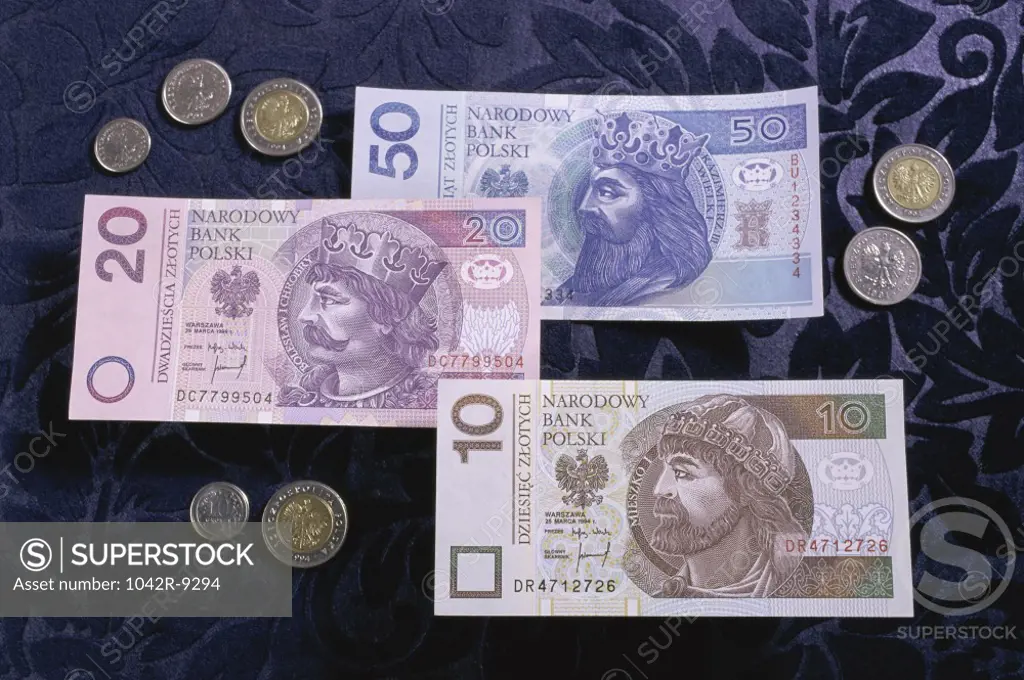 Zloty banknotes and coins