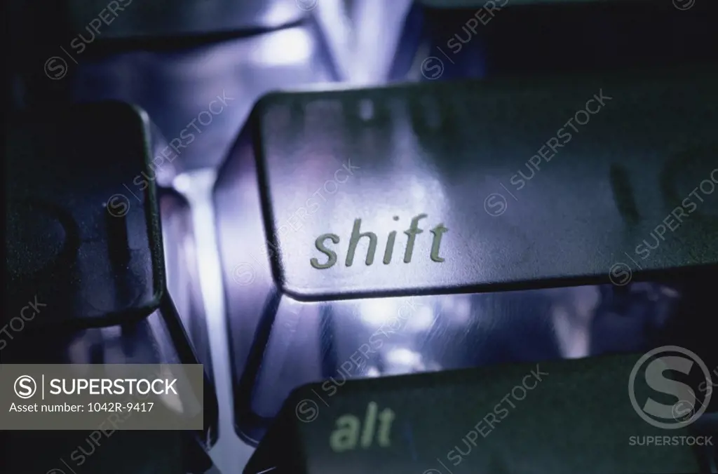 Close-up of the shift key on a computer keyboard