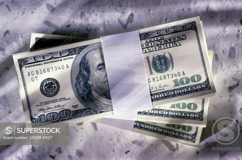 Stock Photo: 1042R-9427 Close-up of a stack of American dollar bills