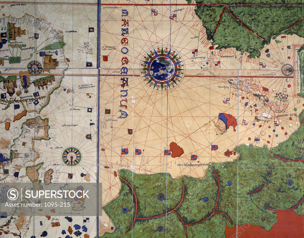 Stock Photo: 1095-215 Detail of Center Section from World Map by Juan de la Cosa,  USA,  Chicago,  Newberry Library