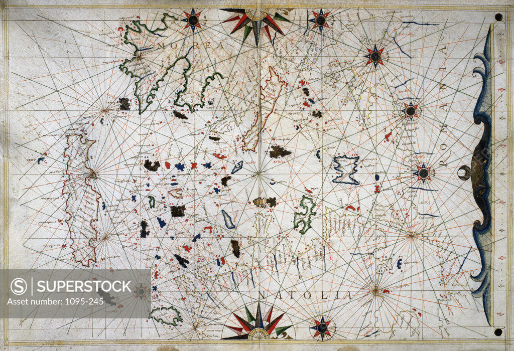 Stock Photo: 1095-245 The Aegean Sea From "Portolan Atlas Of Six Charts" 1636 Maps Newberry Library, Chicago, Illinois, USA
