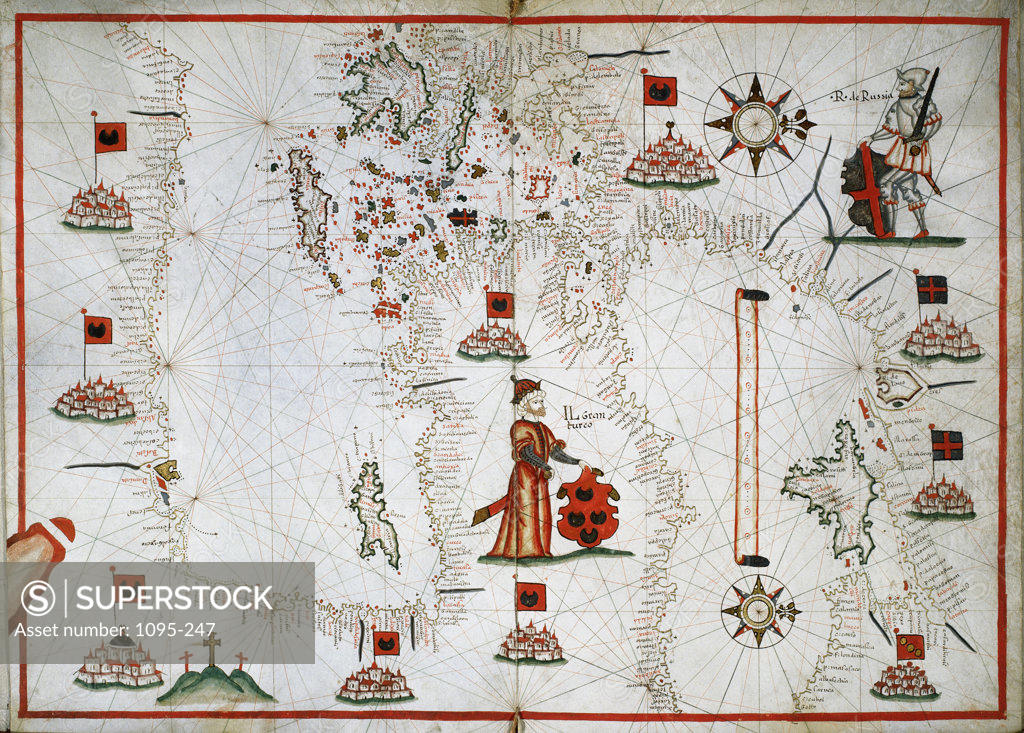 Stock Photo: 1095-247 The Eastern Mediterranean, The Aegean, And The Black Seas From "Portolan Atlas Of Six Charts" 1594 Maps Newberry Library, Chicago, Illinois, USA