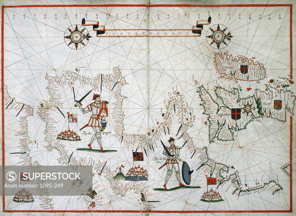 Stock Photo: 1095-249 The Western Mediterranean, The European Coast To Denmark, And The British Isles From "Portolan Atlas Of Six Charts" 1594 Maps Newberry Library, Chicago, Illinois, USA