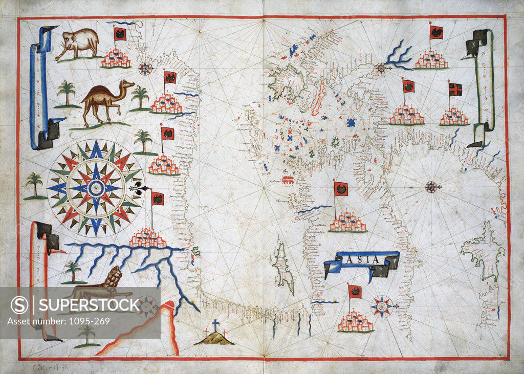 Stock Photo: 1095-269 Asia From "Portolan Atlas Of Four Charts" 1612 Maps Newberry Library, Chicago, Illinois, USA