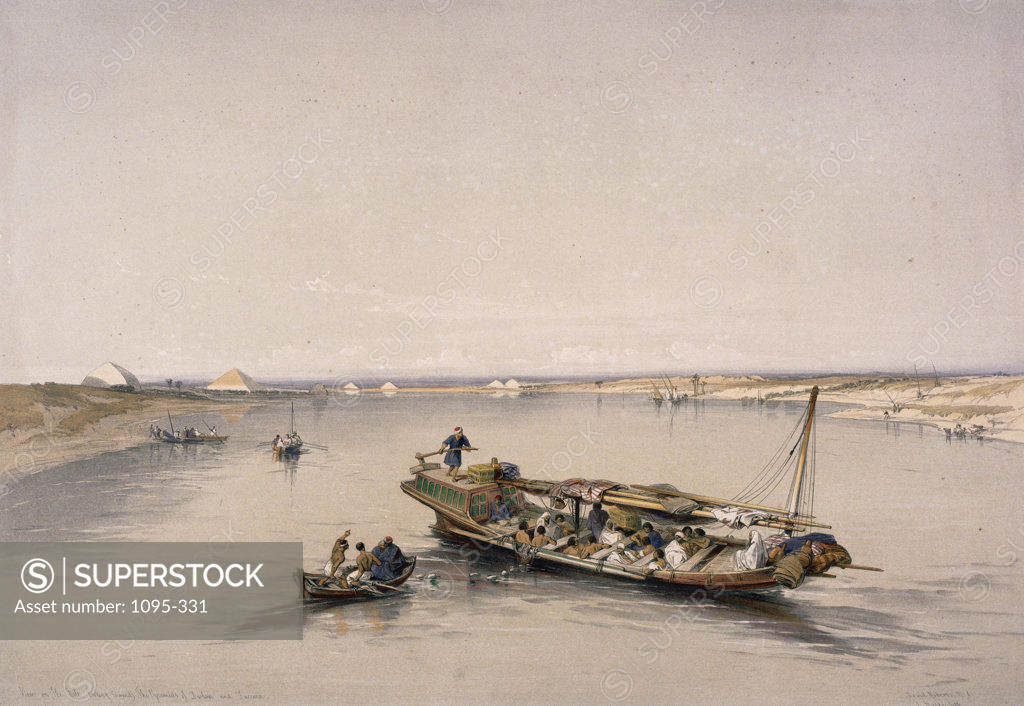Stock Photo: 1095-331 Looking Towards The Pyramids Of Dashour And Saccara, With A Slave-Boat On The Nile 1846-49 David Roberts (1796-1864 Scottish) Newberry Library, Chicago, Illinois, USA