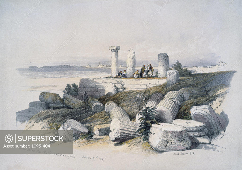 Stock Photo: 1095-404 Ruins Called Om El Hamed Near Tyre From: "Roberts Views Of The Holy Land" 1839 David Roberts (1796-1864 Scottish) Newberry Library, Chicago, Illinois, USA