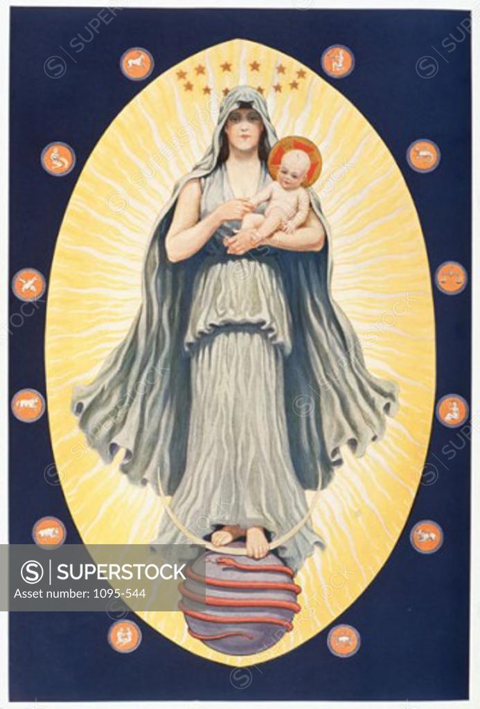 Stock Photo: 1095-544 Illustration from Rosicrucian Symbolical Philosophy depicting Celestial Virgin with Sun God in her Arms by J. August Knapp, 1928