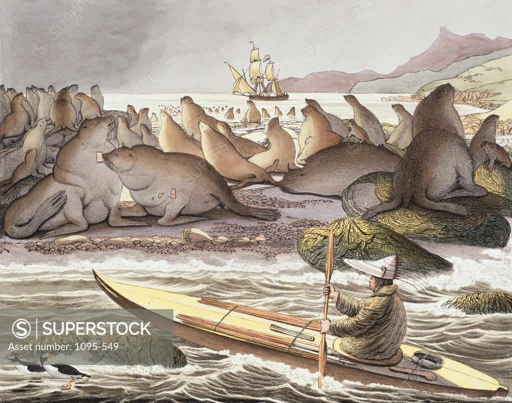 Stock Photo: 1095-549 View Of The Island Of Saint-Paul In The Sea Of Kamtchatka 1826 Choris, Luis(1795-1828 Russian) Illustration Newberry Library, Chicago, Illinois, USA 
