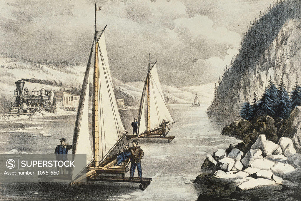 Stock Photo: 1095-560 Ice Boat Race On The Hudson 19th Century Currier & Ives (1834-1907 American) Color Lithograph Newberry Library, Chicago, Illinois, USA