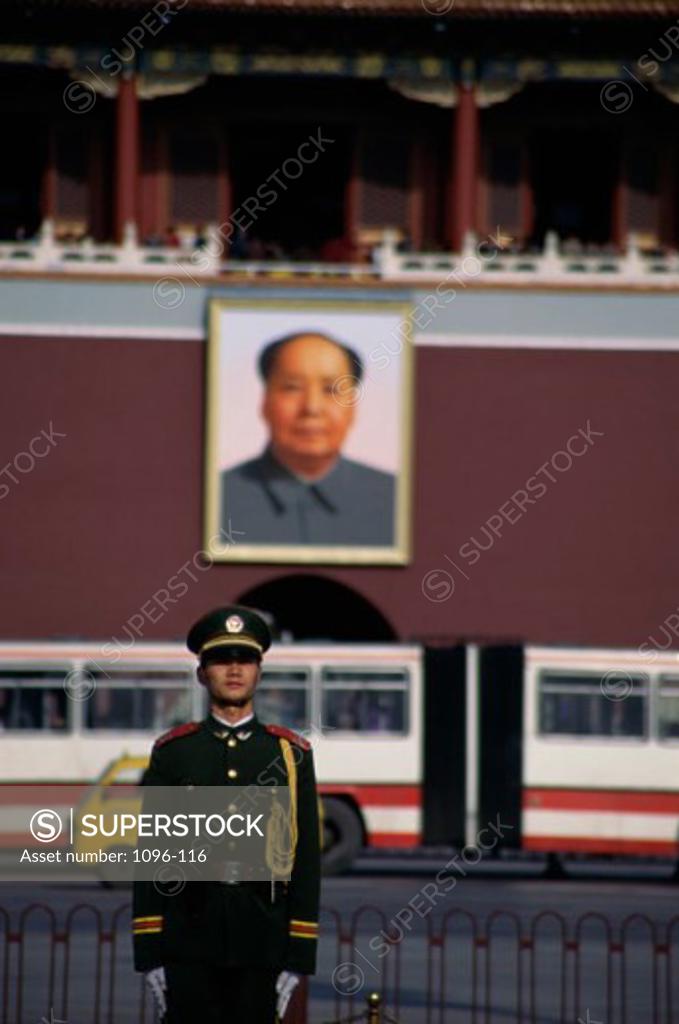 Stock Photo: 1096-116 Soldier standing in front of a building, Tiananmen Square, Beijing, China