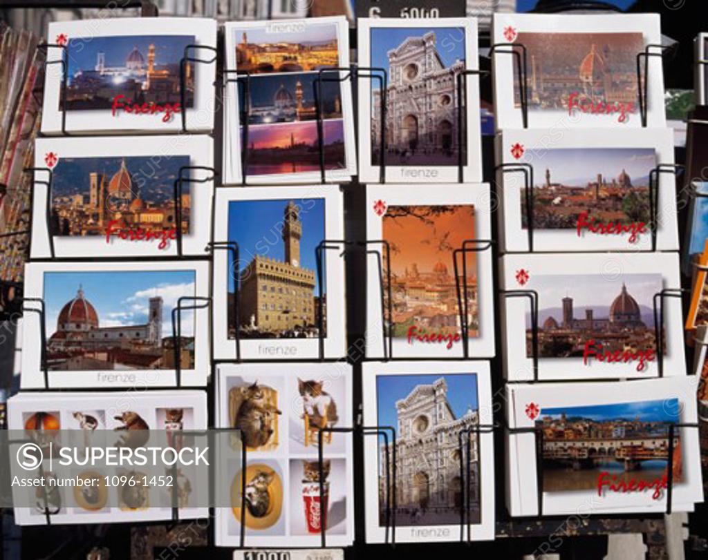 Stock Photo: 1096-1452 Close-up of a postcard rack, Florence, Italy