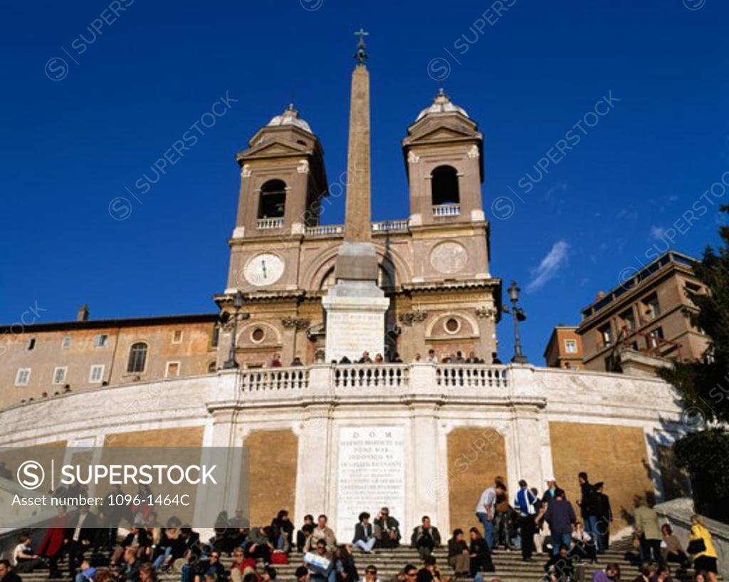 Stock Photo: 1096-1464C Low angle view of an obelisk in front of a church, Trinita dei Monti, Rome, Italy